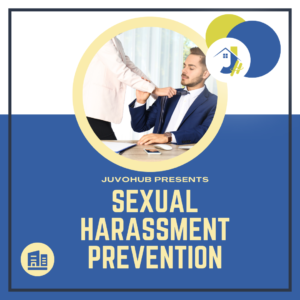 An office worker in a blue suit sits at a desk while another individual, wearing a cream blazer, stands and pulls on his tie. The scene is presented inside a circular frame with geometric accents, set against a split blue and white background that includes the text "JUVOHUB PRESENTS SEXUAL HARASSMENT PREVENTION".